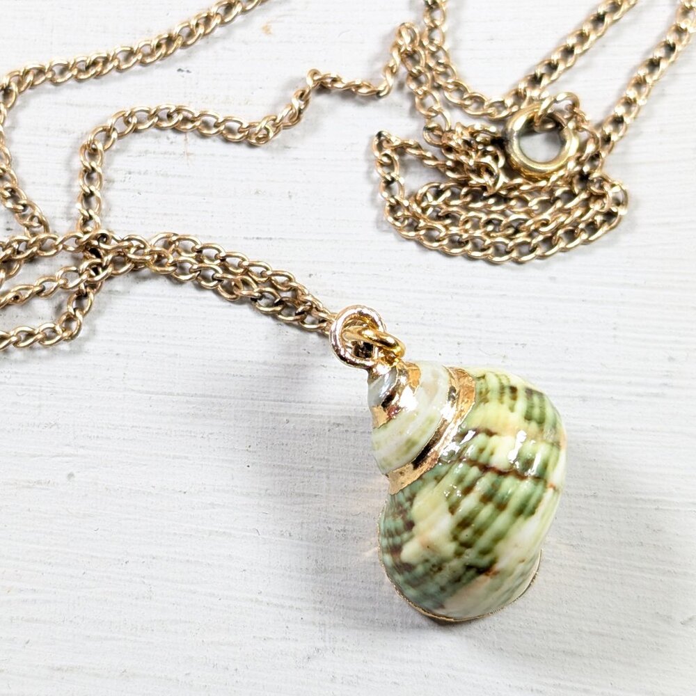 Green Real seashell pendant necklace on 16" gold tone chain